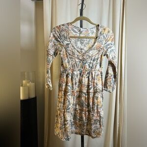 Shyanne Women Dress XS Brown Floral Boho Ruffle V Neck Balloon Sleeve Lined